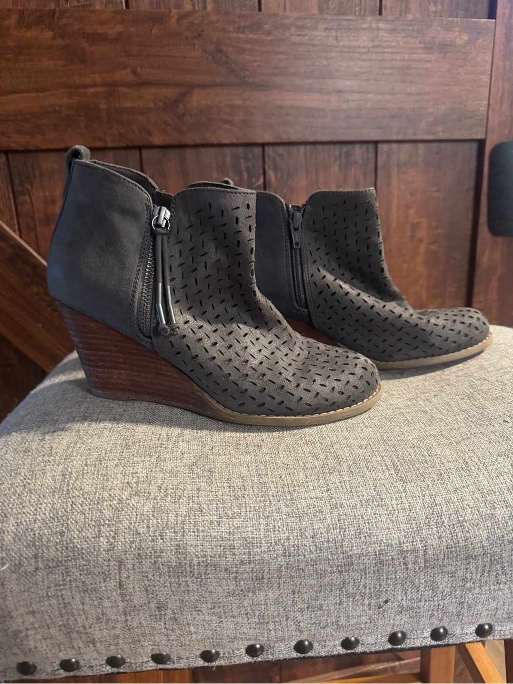 Report Gray Perforated Wedge Ankle Boots